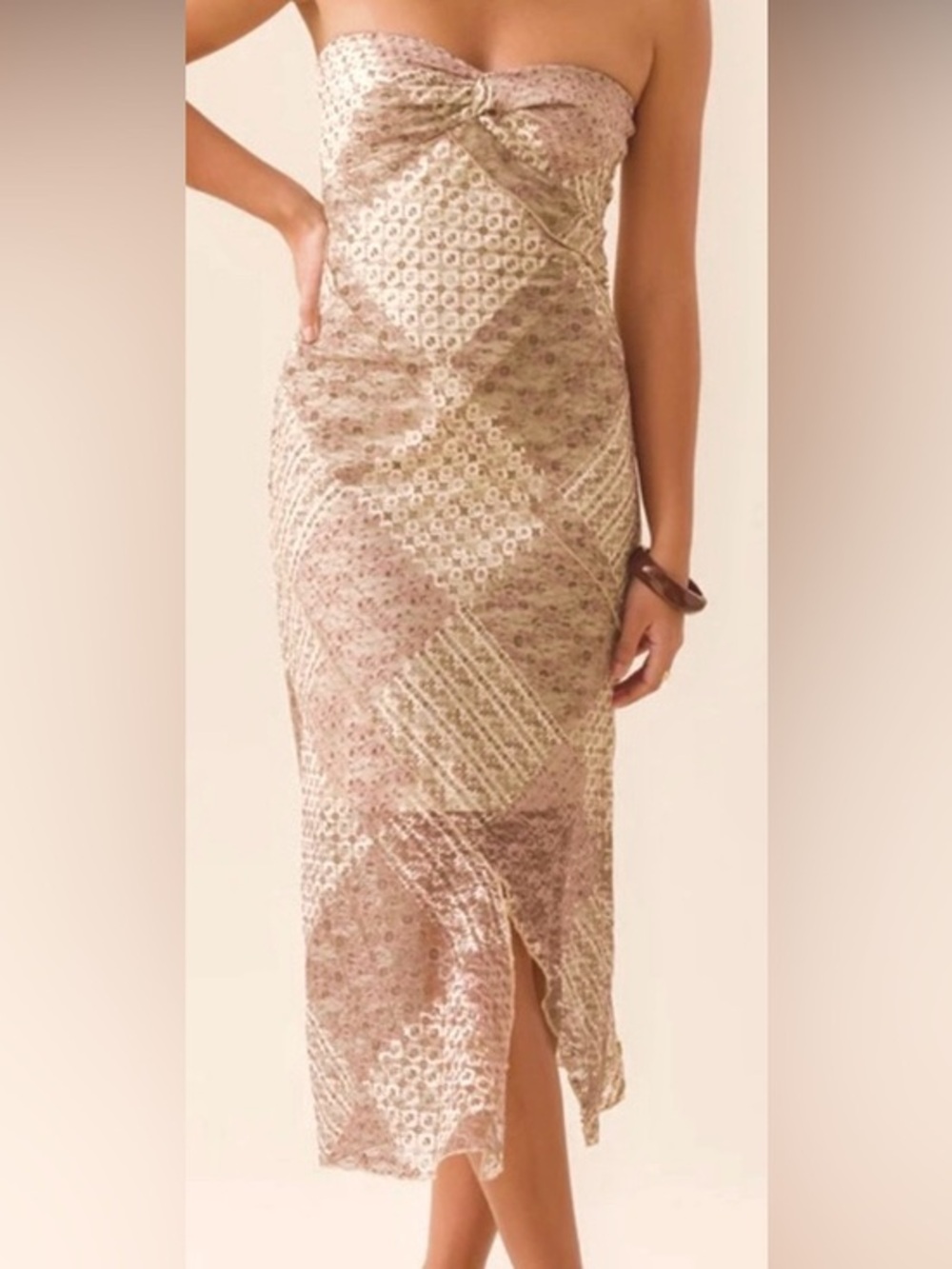 Altard State Brown and Beige Strapless Midi Dress/Patchwork Geometric: Size M